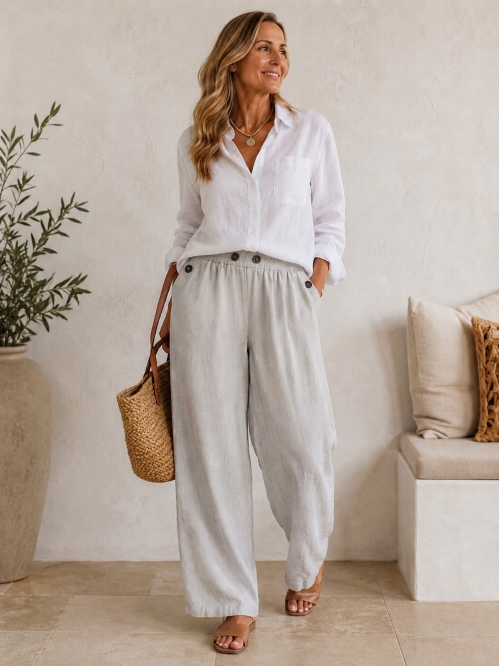 Grace Elements Woman 0X 100% Linen Wide Leg Pants Beige Elastic Back Coastal